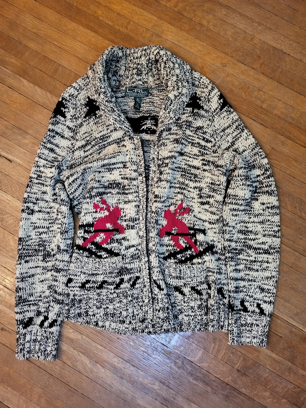 Lauren Ralph Lauren Black & White Marled Zip Cardigan with Red Ski Motif